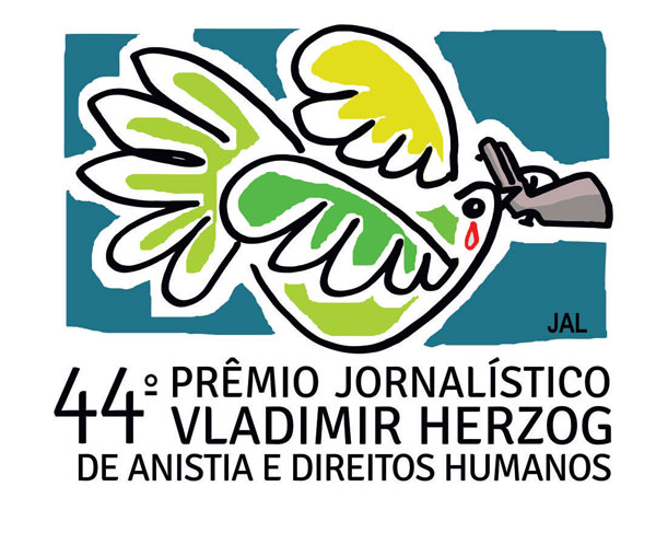 Ilustração de uma pomba colorida de verde e amarelo. Ela carrega uma arma no bico e chora sangue. Abaixo da ilustração está escrito "44º Prêmio Jornalístico Vladimir Herzog de Anistia e Direitos Humanos".