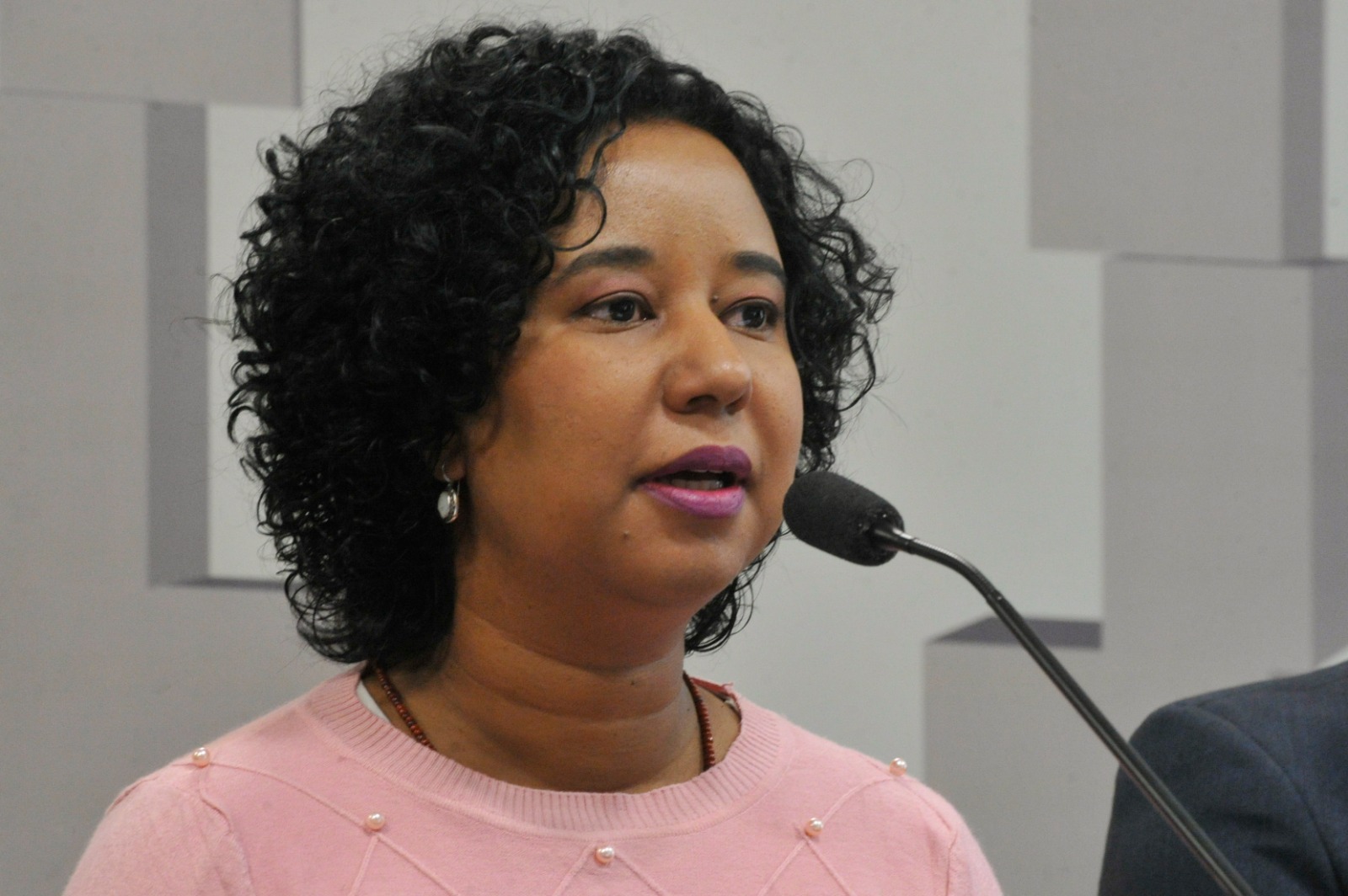 Fotografia colorida de Ana Flávia Magalhães Pinto. Ela é uma mulher negra, tem cabelos escuros e cacheados, e usa uma blusa cor de rosa. Na foto, ela está falando diante de um microfone.